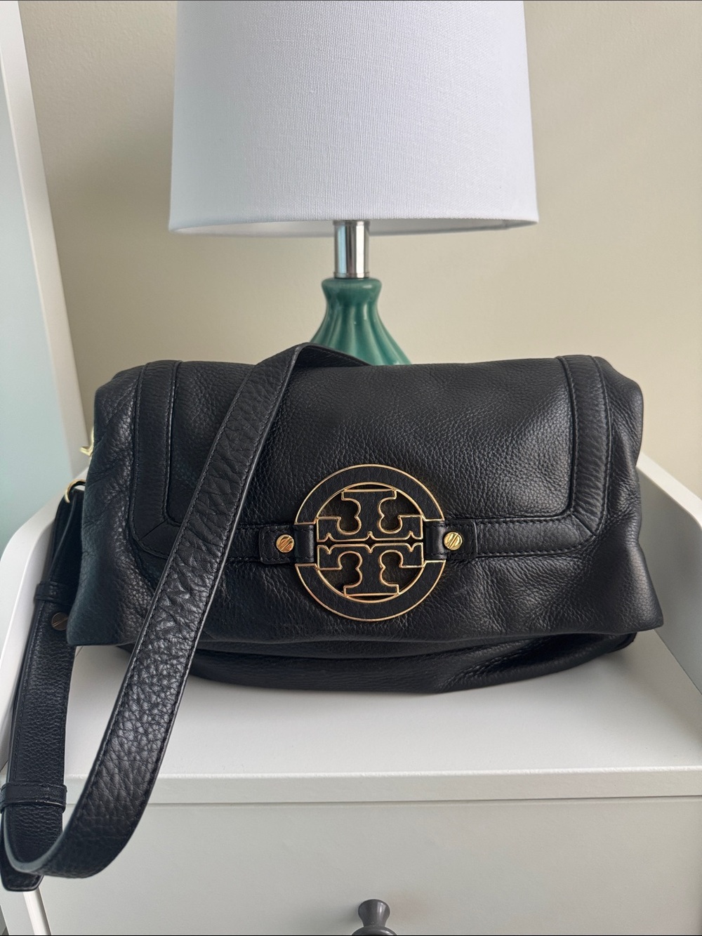 Tory Burch Black Leather Fold Over Shoulder Bag with Gold Logo